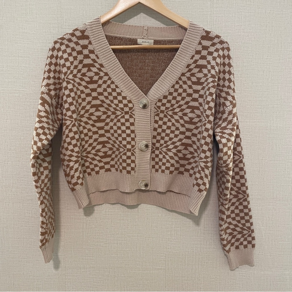 Debut brown and tan checkered cropped cardigan. Size small